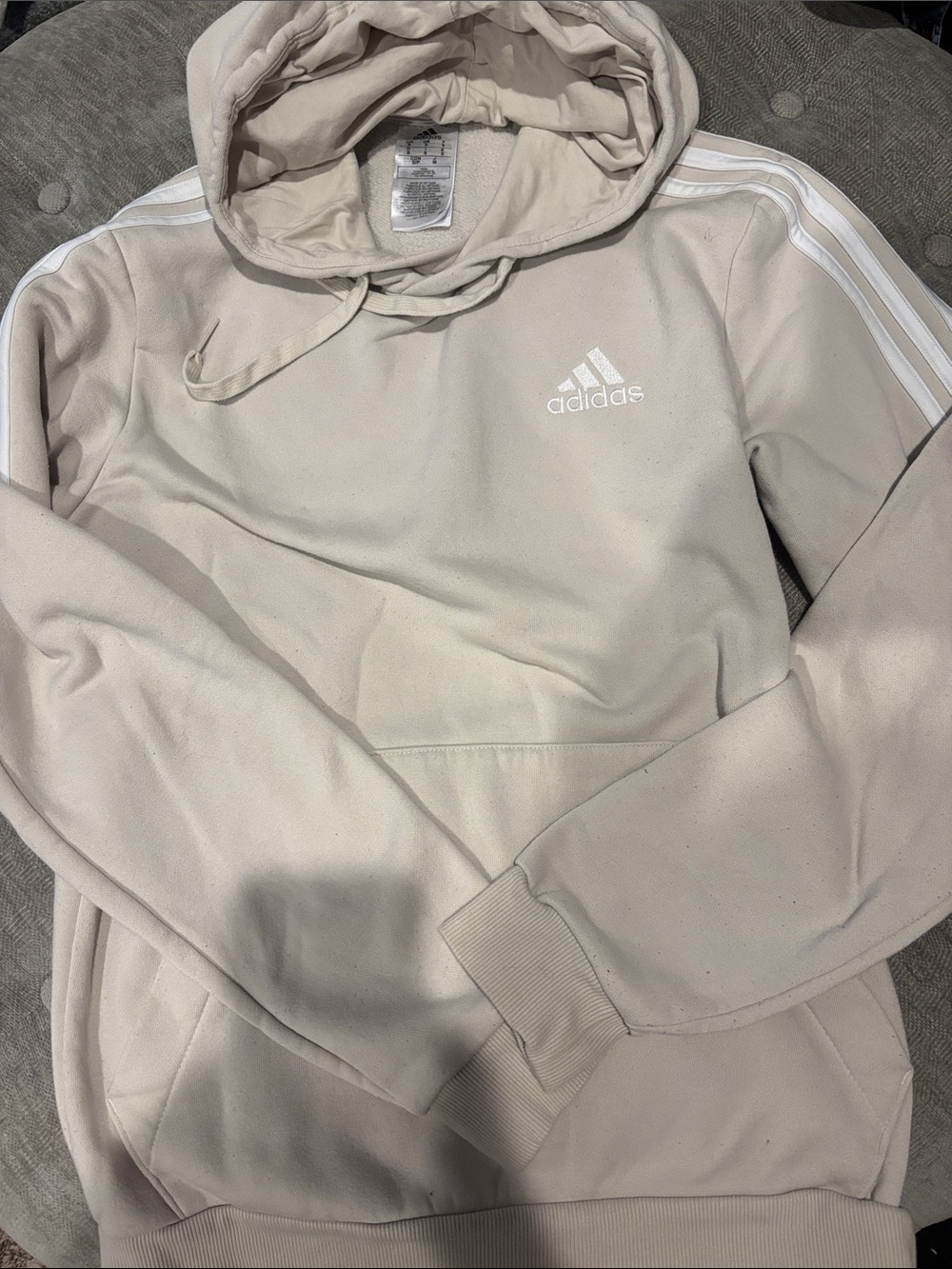 adidas Men’s Light Beige Crewneck Hoodie with White 3-Stripes